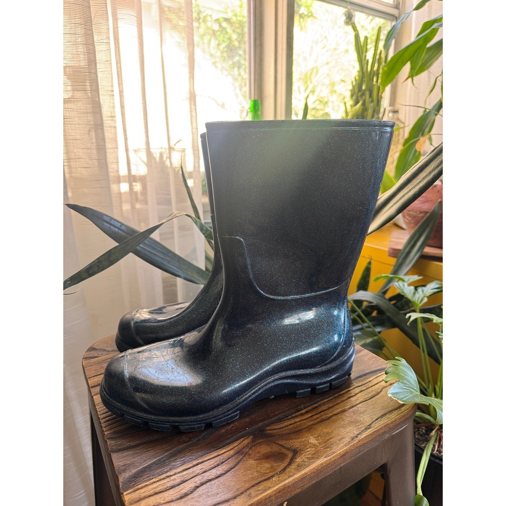Dark Navy Glitter Rain Boots Mid Calf Waterproof Lug Sole Sparkly Size 40